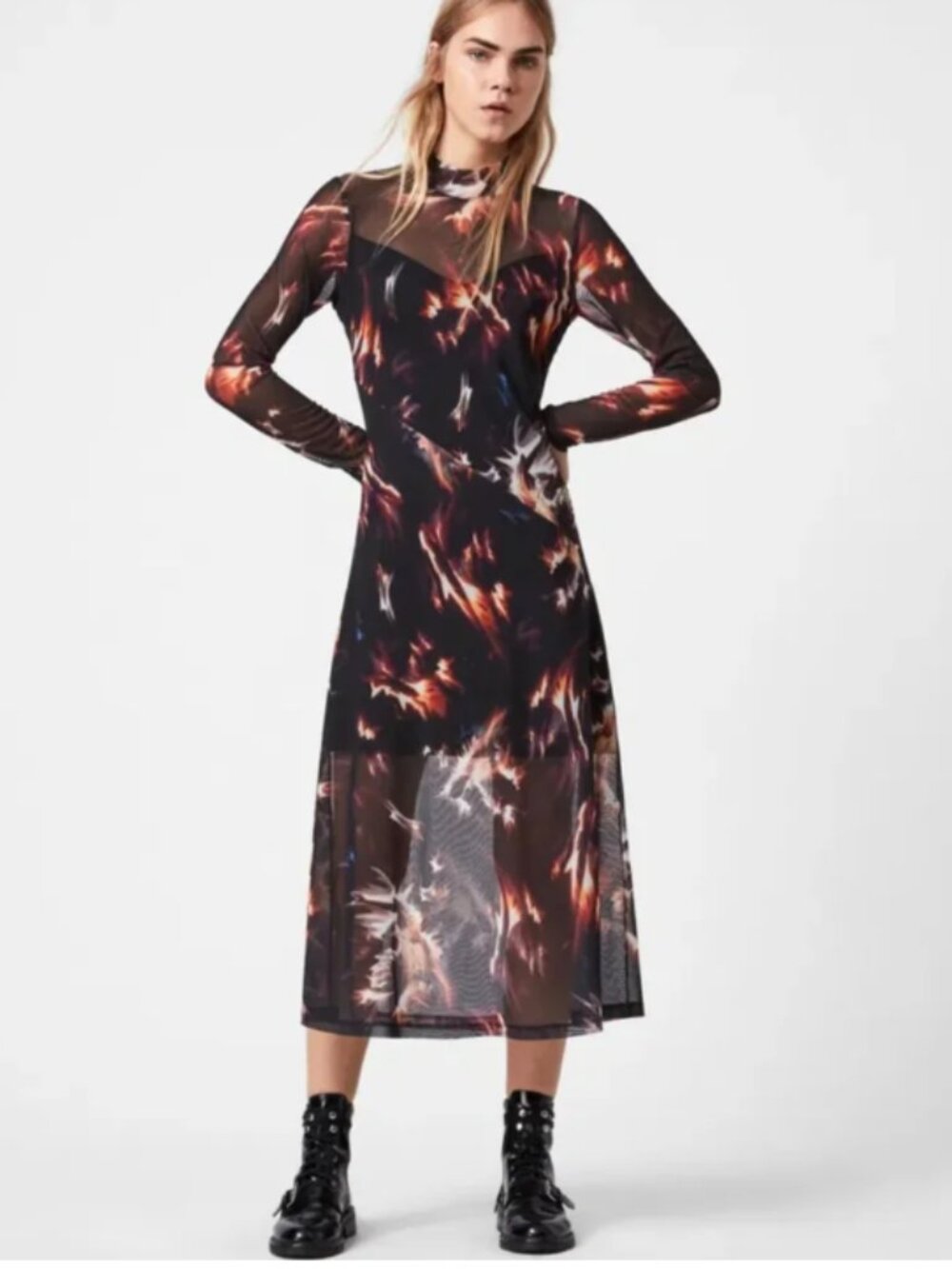 Allsaints Hanna Flames dress Black Mesh Flames Dress size 6
